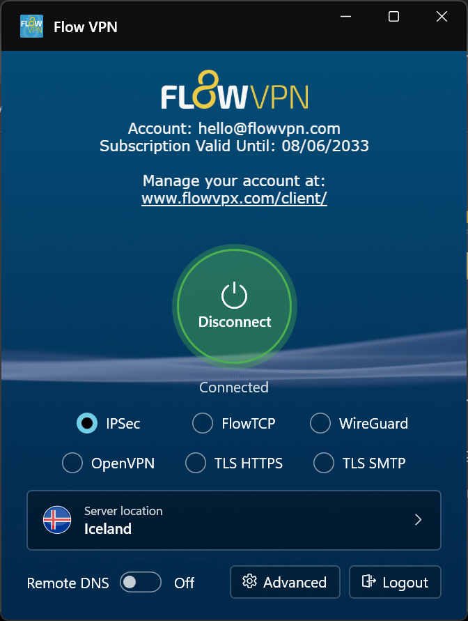 The new FlowVPN for Windows connected screen